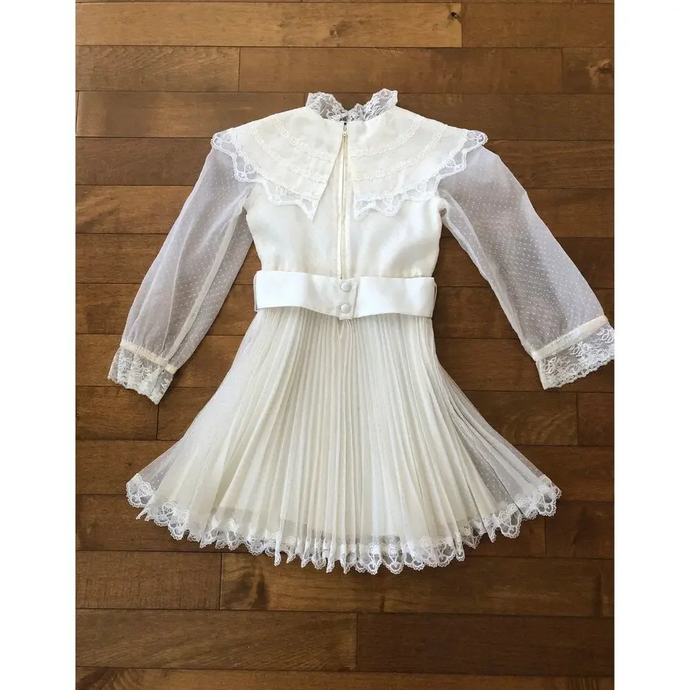 1978 Dorissa of Miami Swiss Dot Lace Pleated Ivory Dress age 6